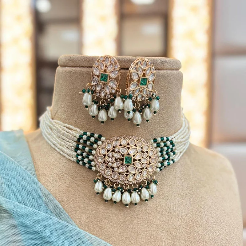 Elegant Gold Necklace-Jewel Addiction Copper Gold Plated Polki Kundan Stone Beads Choker Necklace Set