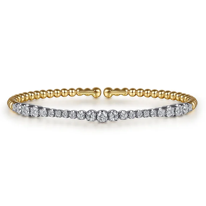 Custom Gemstone Bangles-14K White Yellow Gold Bujukan Beads and Graduating Diamond Split Bangle Bracelet