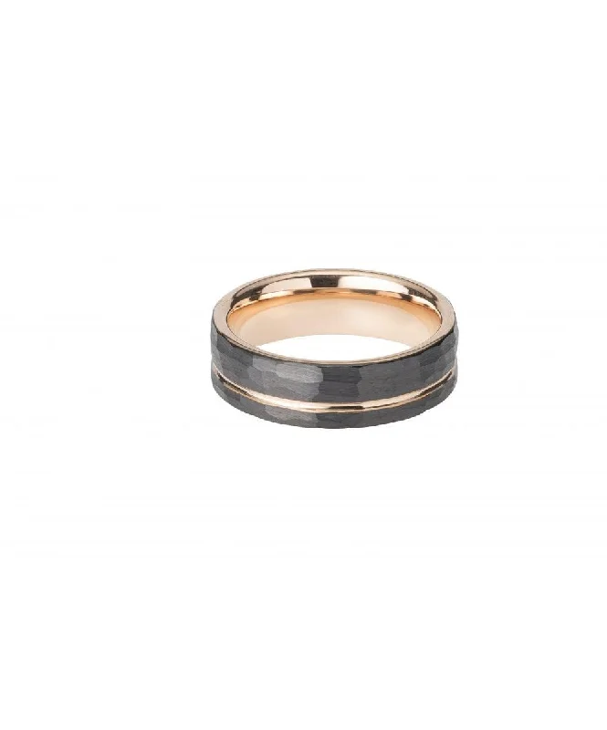 Statement Gemstone Ring-Unique & Co Hammered Black Tungsten Rose Gold Band Ring