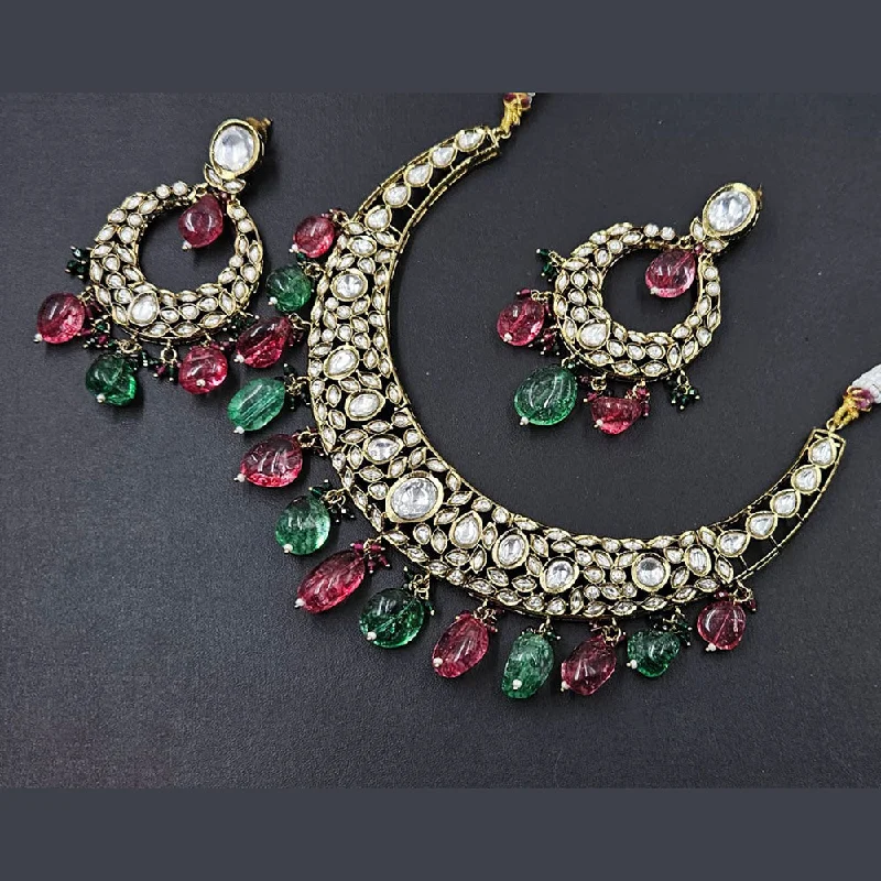 Fancy Choker Necklace-Rajwadi Collection Gold Plated Polki Kundan Stone And Beads Necklace Set