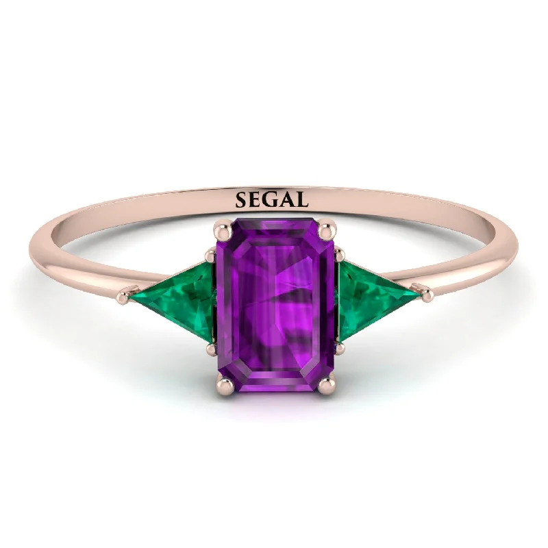 Elegant Wedding Band-Emerald Cut Amethyst With Triangles Ring - Remi No. 305