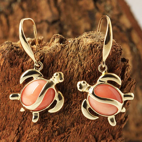 Fashionable Hoop Earrings-14K Yellow Gold Pink Coral Inlaid Honu (Hawaiian Turtle) Hook Earrings