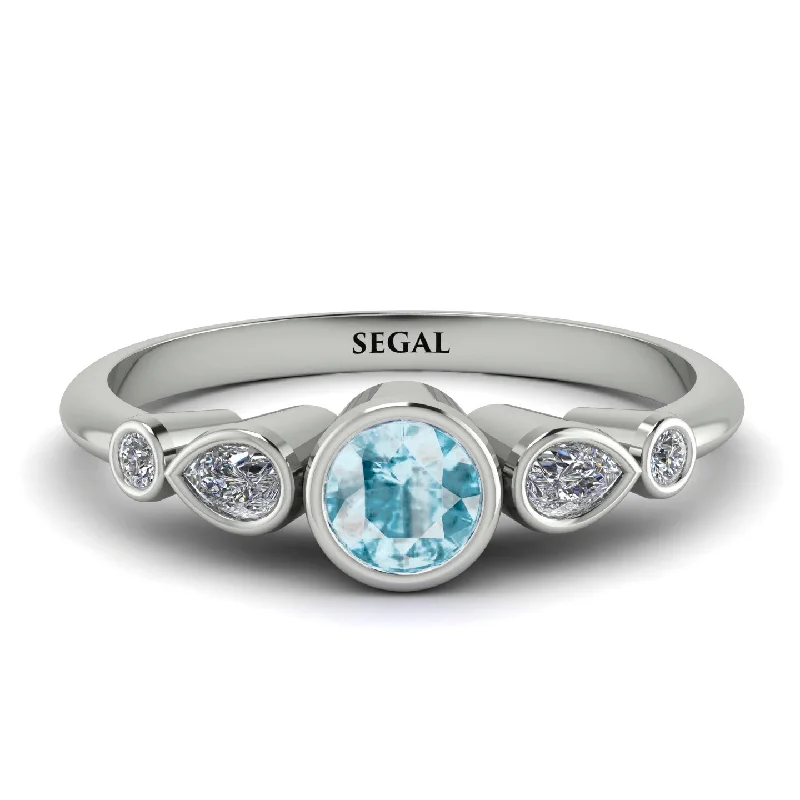 Elegant Round Diamond Ring-Bezel Symmetrical Aquamarine Ring - Ivy No. 403