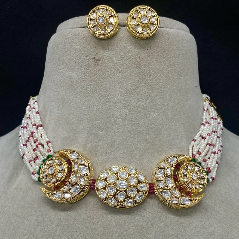 Chunky Gold Necklace-Amoliya Jewels Gold Plated Polki Kundan Stone And Pearls Choker Necklace Set