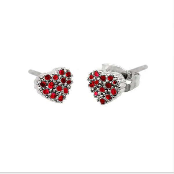 Abstract Art Earrings-Silver 925 Rhodium Plated Red Heart Black Prongs CZ Earrings