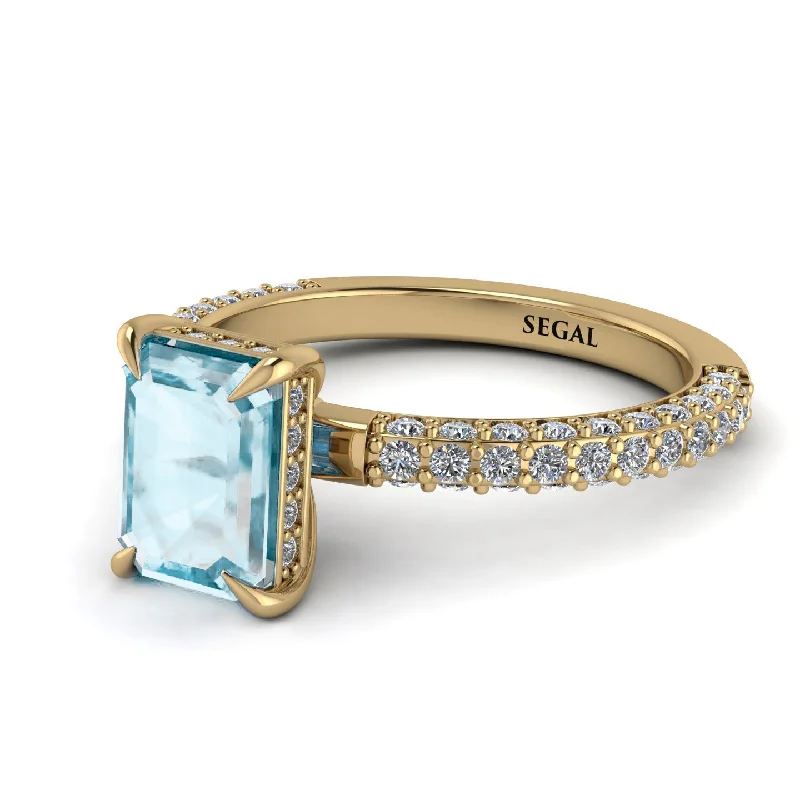 Elegant Rose Gold Ring-Hidden Halo Emerald Cut Aquamarine Engagement Ring - Ximena No. 401