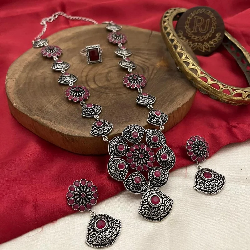 Gold Bead Necklace-FS Collection Oxidised Plated Pota Stone Necklace Set