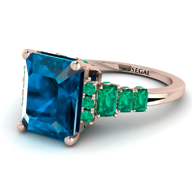 Gemstone Cocktail Ring-Emerald Cut Blue Topaz Ring Hidden Round Diamonds - Sawyer No. 505