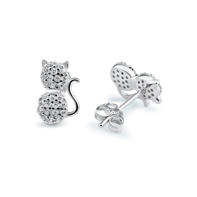 Sterling Silver Drop Earrings-Silver 925 Rhodium Plated Cat Clear CZ Stud Earrings