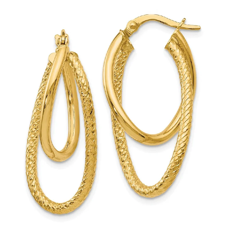 Bohemian Style Earrings-Polished and Textured 14k Yellow Gold Bent Double Hoop Earrings, 32mm