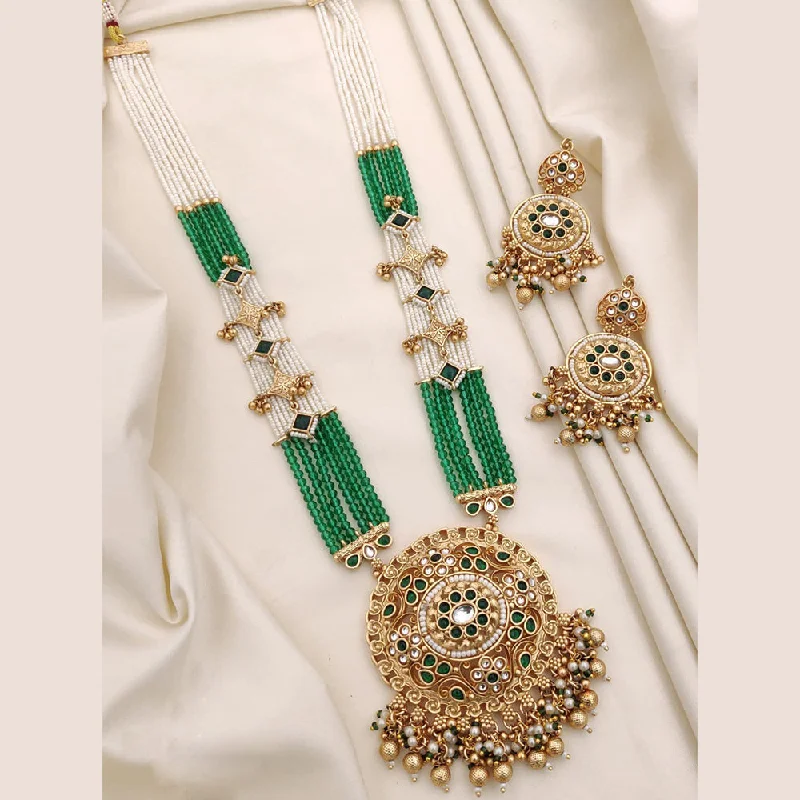 Elegant Diamond Necklace-Akruti Collection Gold Plated Kundan Stone And Pearls Long Necklace Set