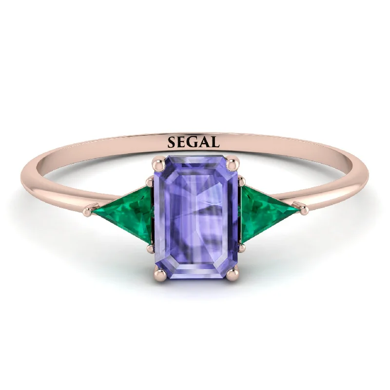 Unique Silver Wedding Ring-Emerald Cut Tanzanite With Triangles Ring - Remi No. 205