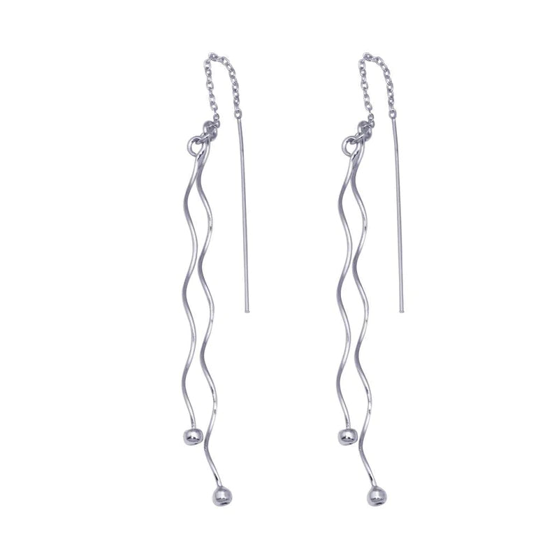 Pear Shaped Earrings-Silver 925 Rhodium Plated Two Twisted Wire Threaded Hanging Ball Hook Earrings