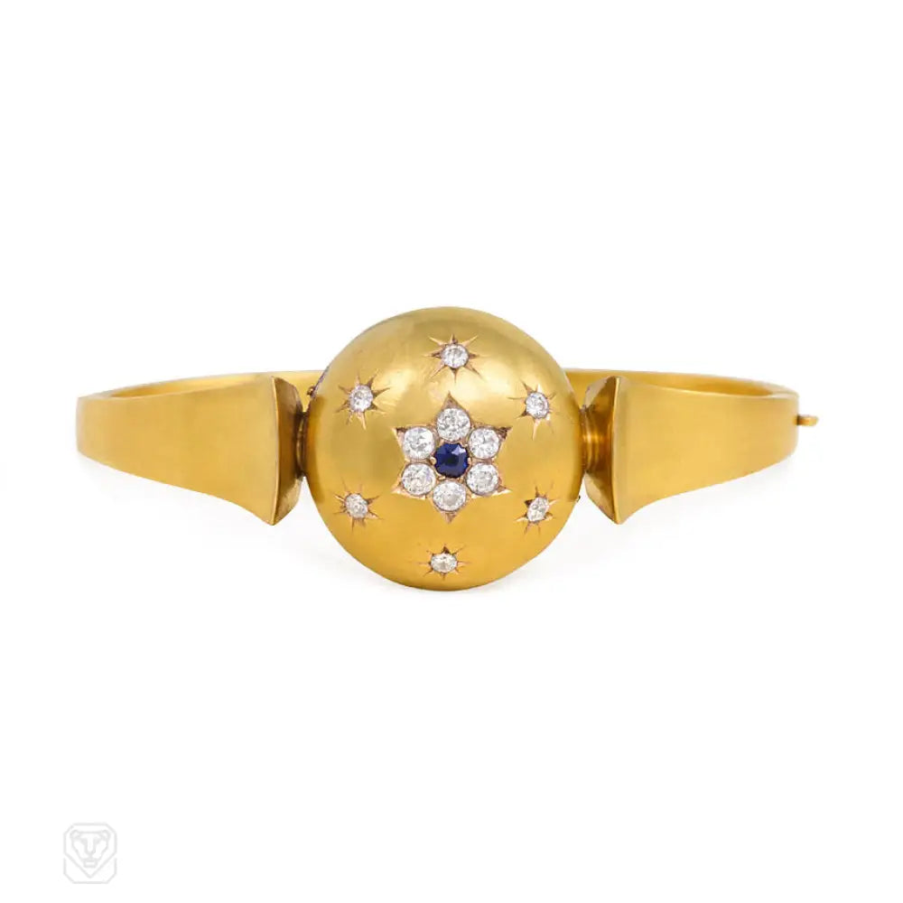 Personalized Charm Bangles Set-Antique gold bangle with central diamond and sapphire flower