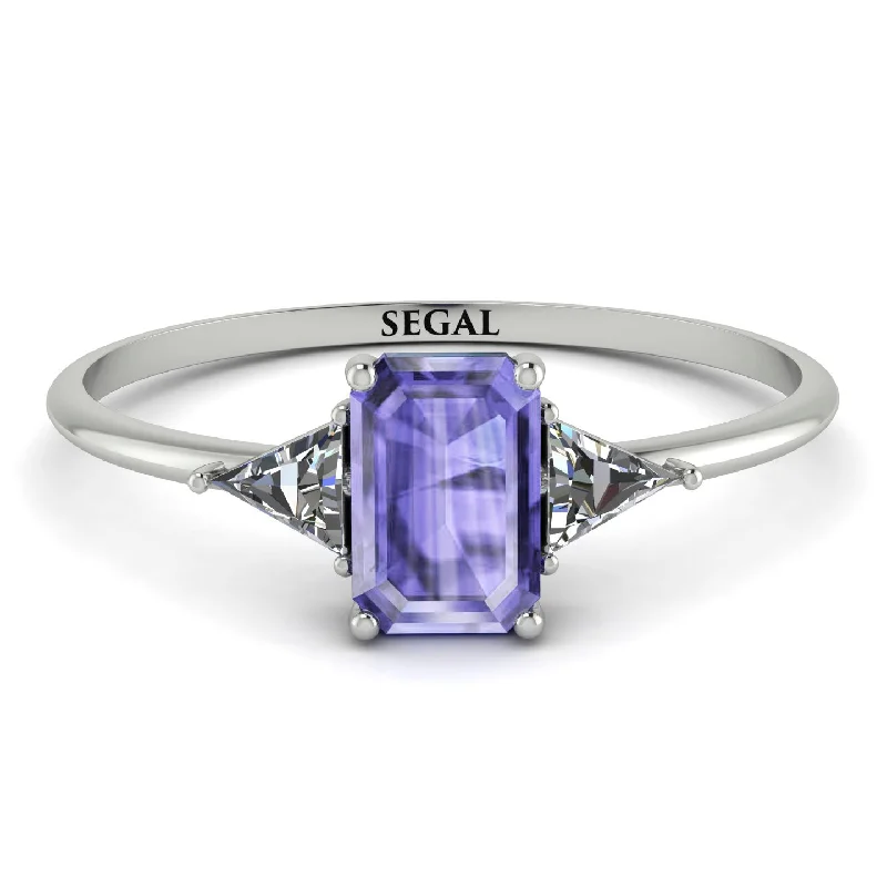 Custom Gold Wedding Ring-Emerald Cut Tanzanite With Triangles Ring - Remi No. 203