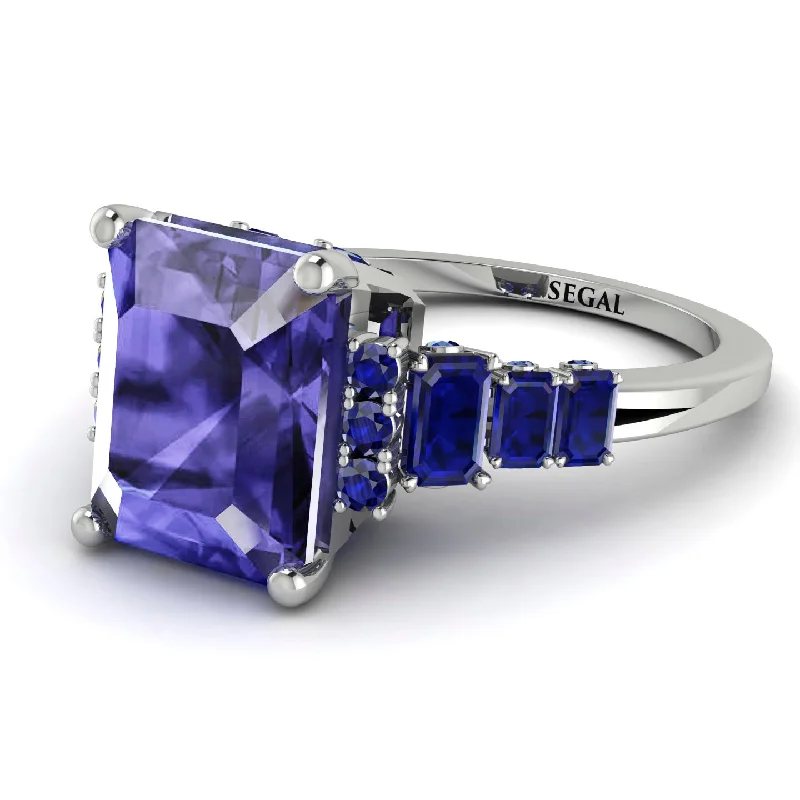 Stylish Gemstone Wedding Ring-Emerald Cut Tanzanite Ring Hidden Round Diamonds - Sawyer No. 215