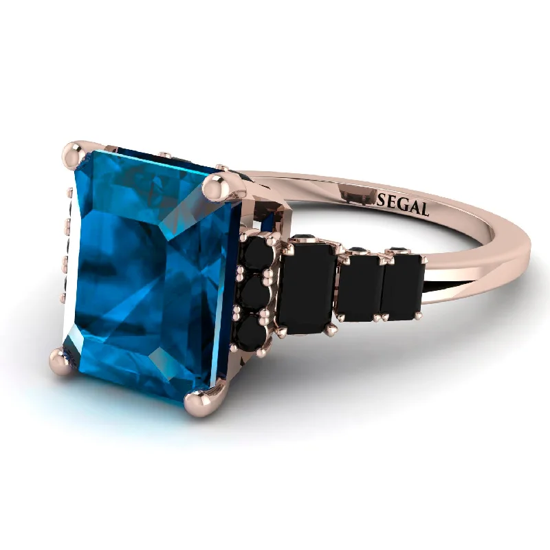 Personalized Birthstone Ring-Emerald Cut Blue Topaz Ring Hidden Round Diamonds - Sawyer No. 508