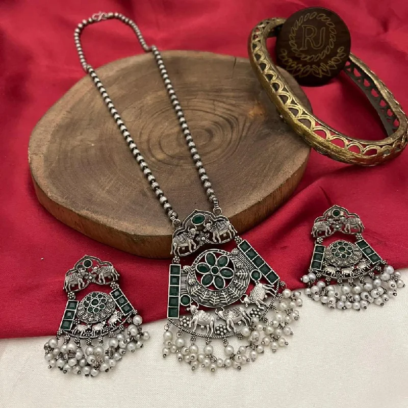 Classic Silver Necklace-FS Collection Oxidised Plated Pota Stone Necklace Set