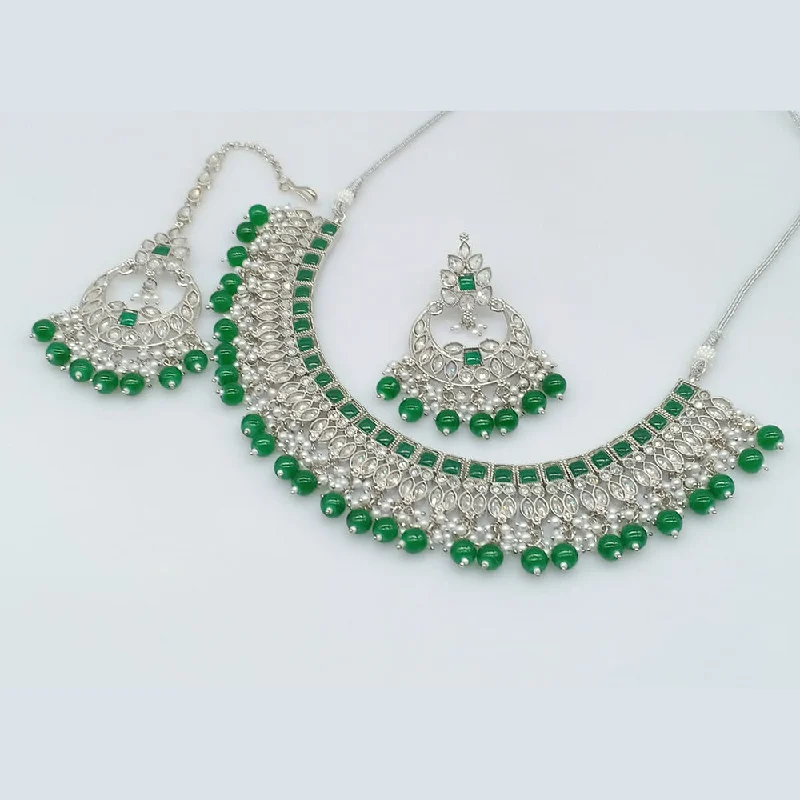 Dainty Silver Necklace-Rajwadi Collection Silver Plated Crystal Stone And Beads Necklace Set