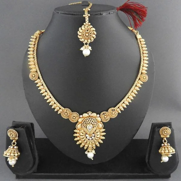 Gold Pendant Necklace-Darshana Jewels Copper Pearl Drop Necklace Set With Maang Tikka - FAP0008