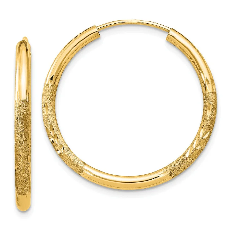 High-Quality Stud Earrings-2mm x 25mm 14k Yellow Gold Satin Diamond-Cut Endless Hoop Earrings