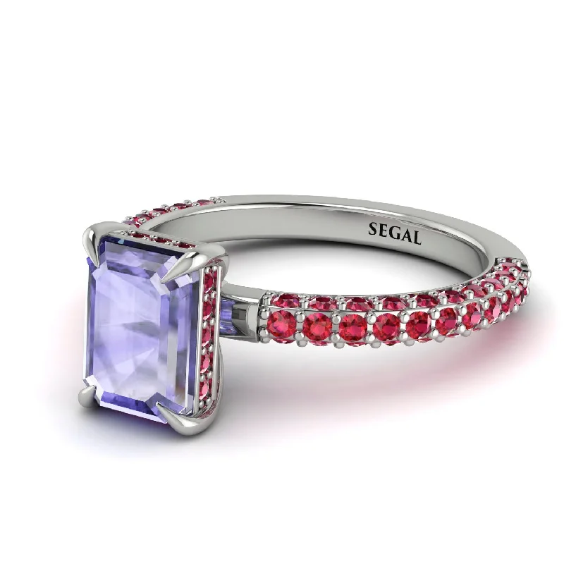 Custom Initial Ring-Hidden Halo Emerald Cut Tanzanite Engagement Ring - Ximena No. 212