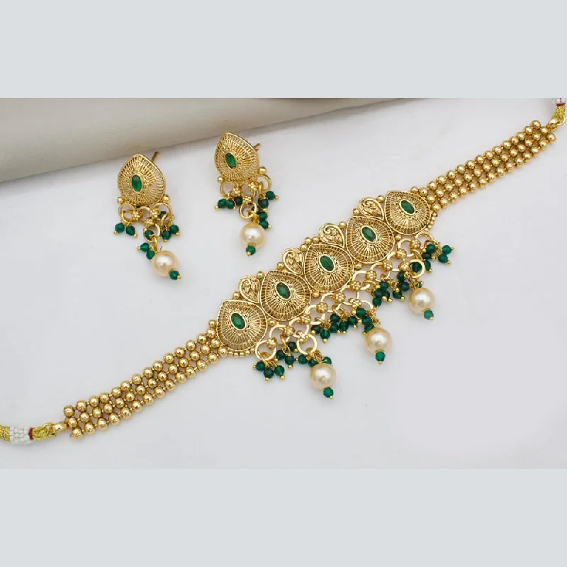 Wedding Pearl Necklace-Manisha Jewellery Gold Plated Pota Stone And Pearls Choker Necklace Set