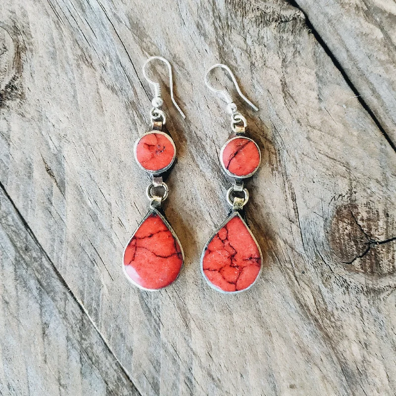 Geometric Drop Earrings-Tribal Red Stone Earrings