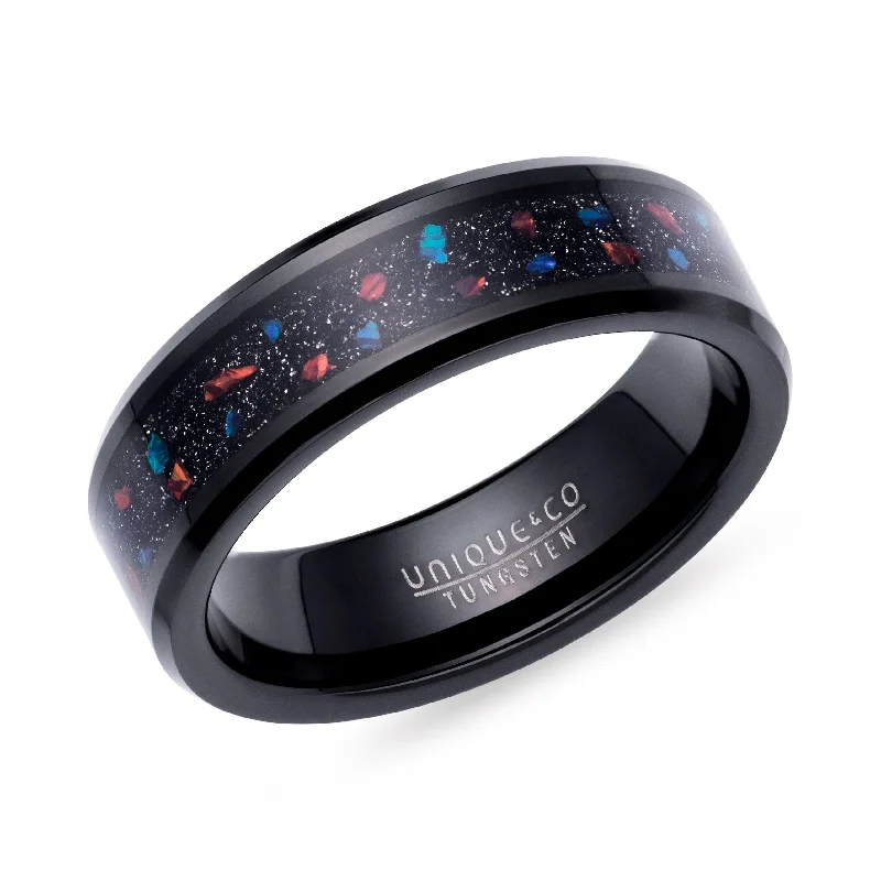 Opal Engagement Ring-Unique & Co Tungsten Ring With Black Opal And Red Stone