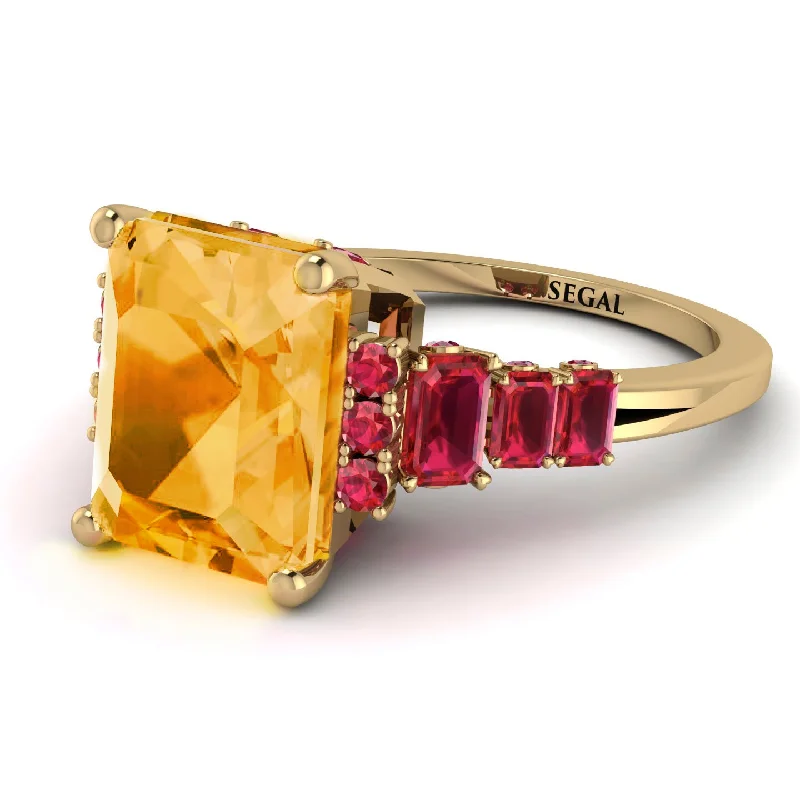 Personalized Gold Ring-Emerald Cut Citrine Ring Hidden Round Diamonds - Sawyer No. 610