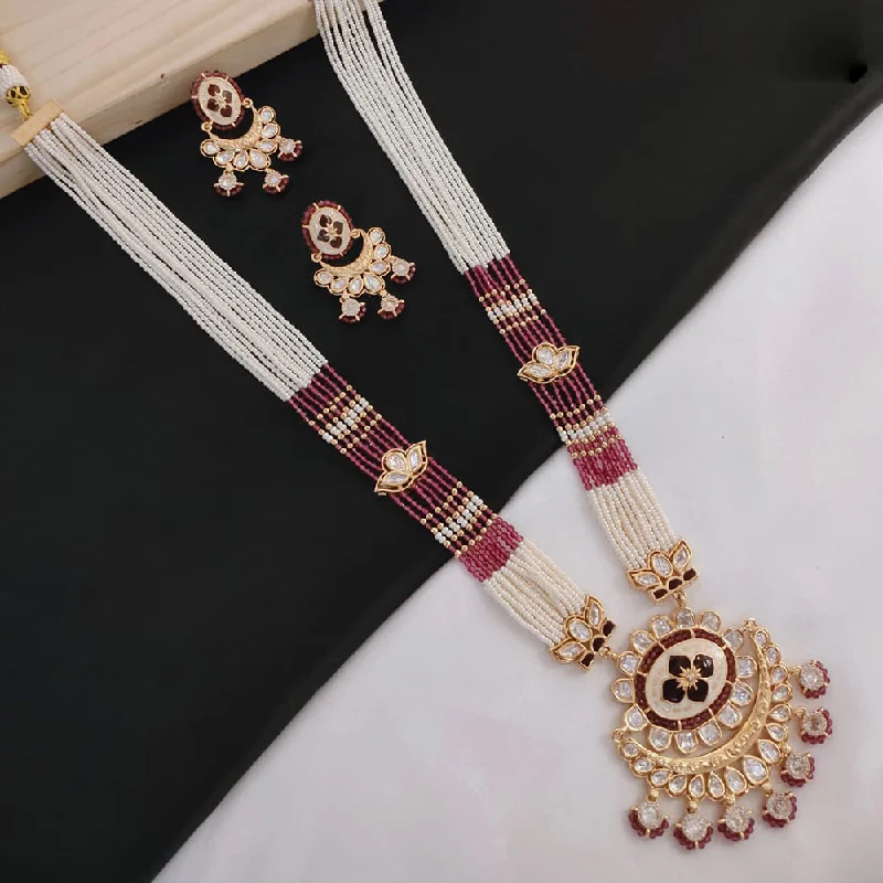 Custom Birthstone Jewelry Necklace-Akruti Collection Gold Plated Kundan Stone And Pearl Necklace Set