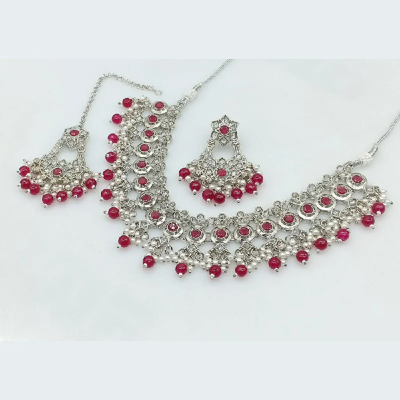 Vintage Inspired Necklace-Rajwadi Collection Silver Plated Crystal Stone And Pearls Necklace Set