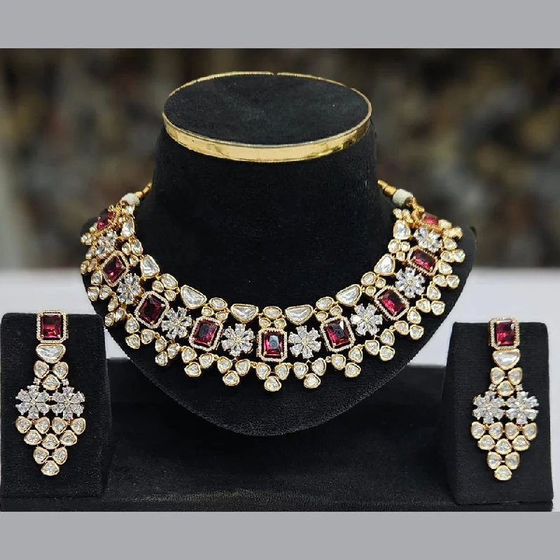 Fashionable Gold Necklace-JCM Gold Plated Polki Kundan Stone Choker Necklace Set