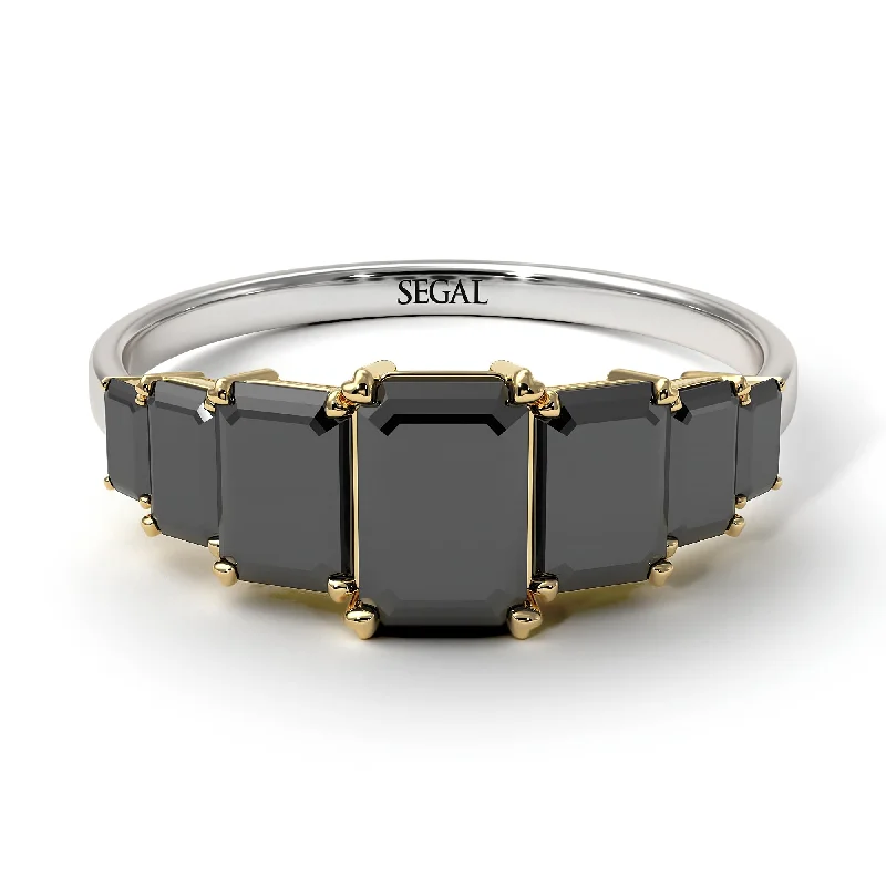 Luxury Gold Engagement Ring-Two Tones Emerald Cut Black Diamond Geometrical Ring - Briella No. 80