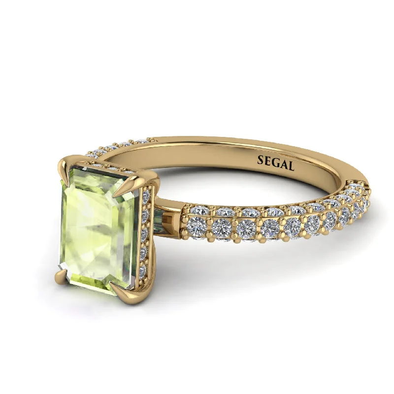 Custom Silver Engagement Ring-Hidden Halo Emerald Cut Peridot Engagement Ring - Ximena No. 701