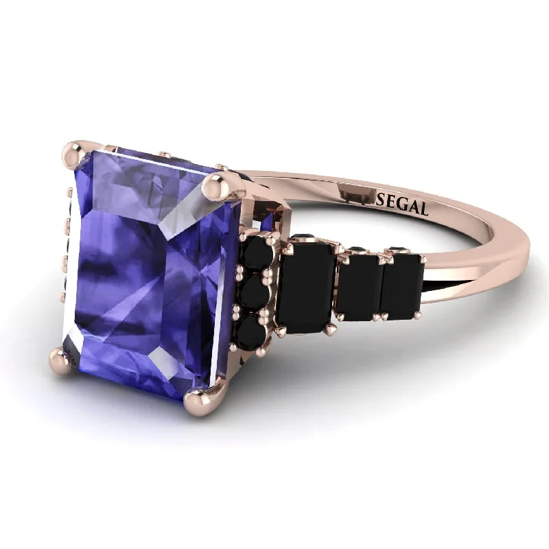 Retro Gemstone Ring-Emerald Cut Tanzanite Ring Hidden Round Diamonds - Sawyer No. 208