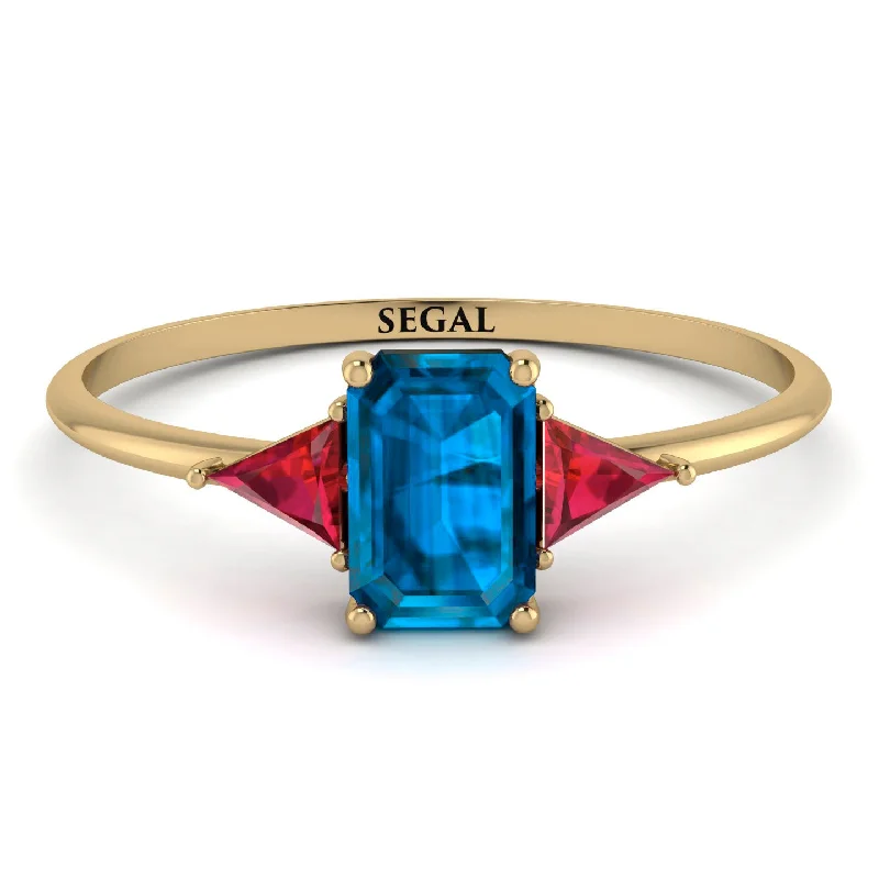 Personal Wedding Band Ring-Emerald Cut Blue Topaz With Triangles Ring - Remi No. 510