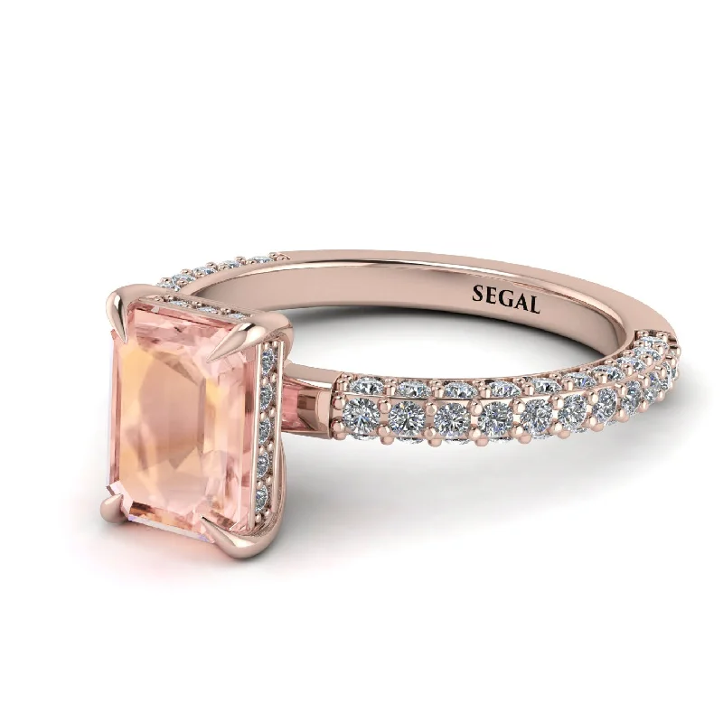 Gemstone Cocktail Ring-Hidden Halo Emerald Cut Morganite Engagement Ring - Ximena No. 902