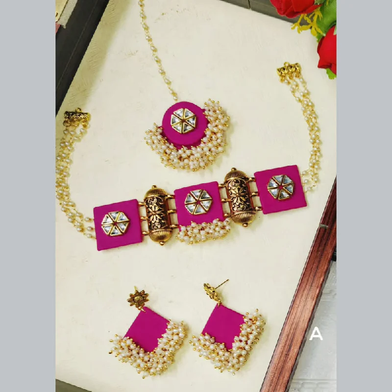 Elegant Silver Necklace-Shrijicreation Gold Plated Handmade Kundan Stone And Pearls Choker Necklace Set