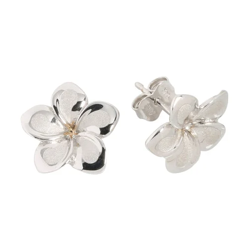 Custom Gemstone Earrings-14K White Gold Plumeria Post Earrings Sandblast Polish Edge (XS/S)