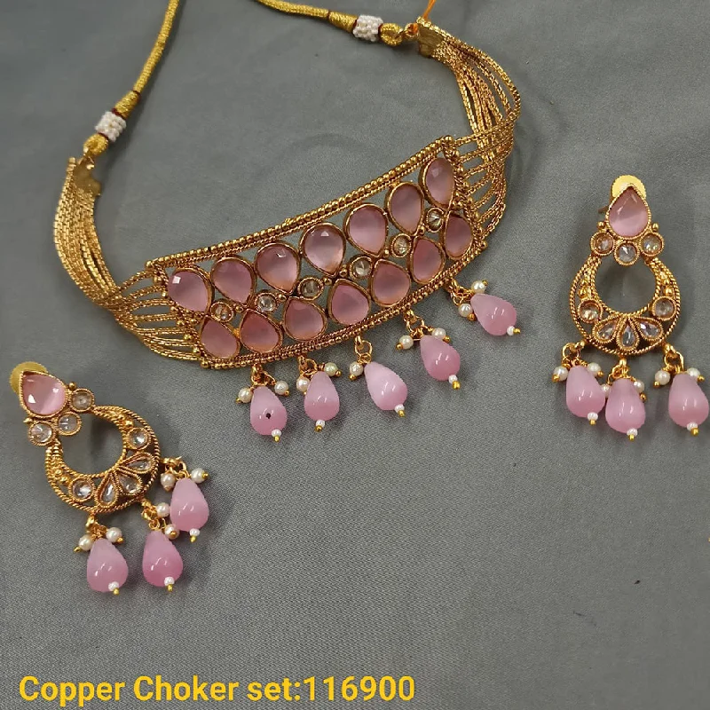 Lightweight Gold Necklace-Padmawati Bangles Copper Gold Plated Crystal Stone & Beads Choker Necklace Set