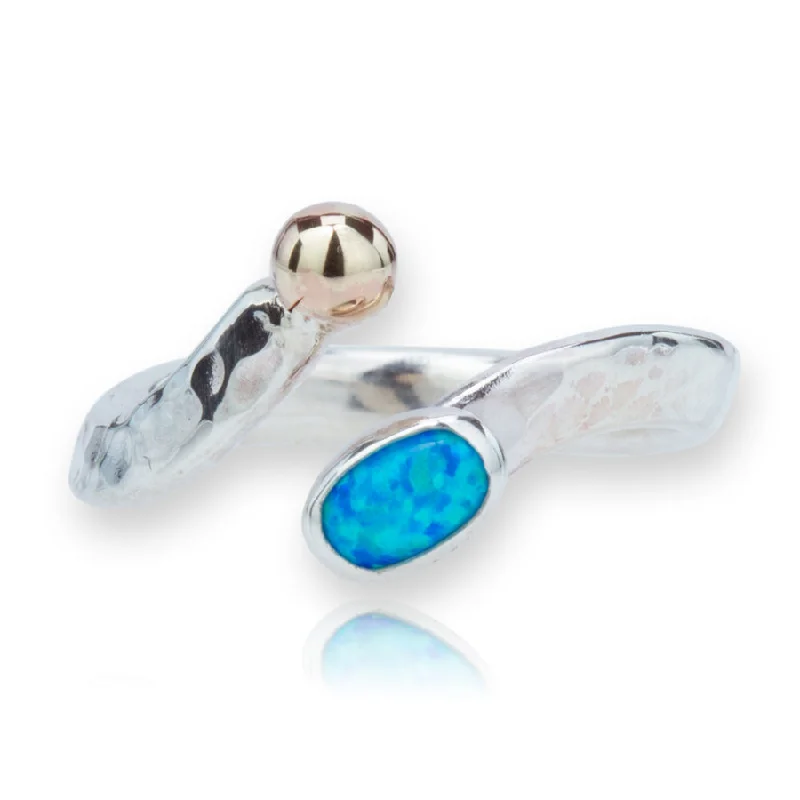 Solitaire Engagement Ring-Lavan Gold and Silver Blue Opal Bead Ring