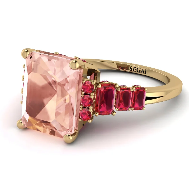 Designer Rose Gold Ring-Emerald Cut Morganite Ring Hidden Round Diamonds - Sawyer No. 910