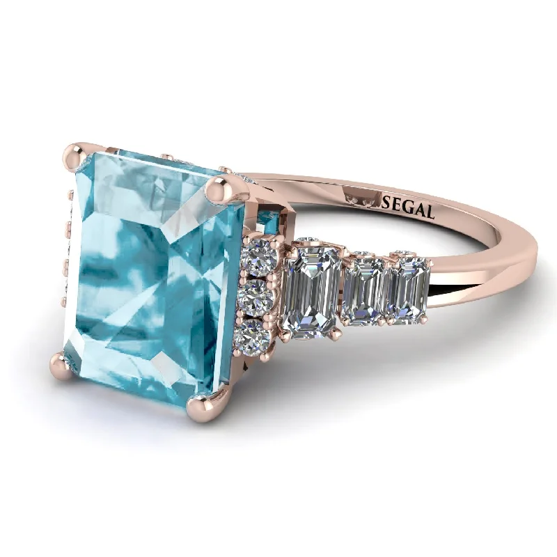 Luxury Gold Ring Set-Emerald Cut Aquamarine Ring Hidden Round Diamonds - Sawyer No. 402