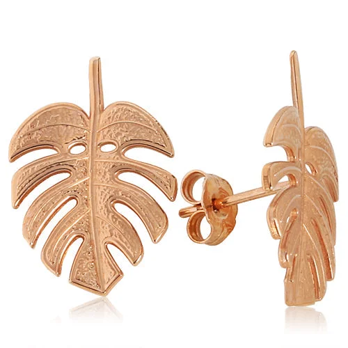 High-End Diamond Earrings-14K Pink Gold Monstera Leaf Post Earrings