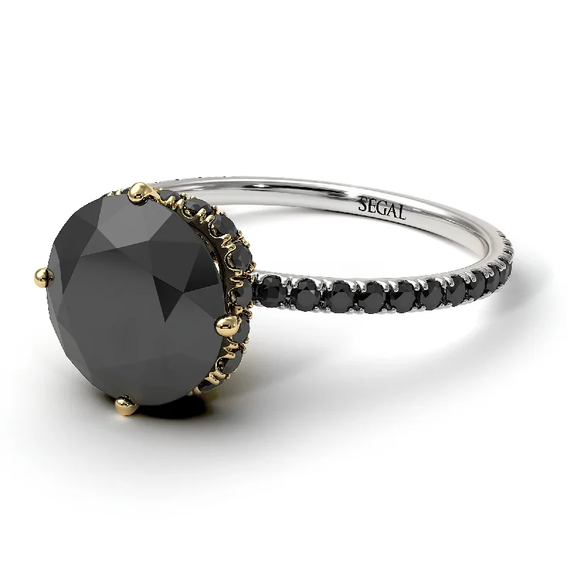 Birthstone Ring Set-Two Tones Double Hidden Halo Black Diamond Engagement Ring - Angelina No. 80