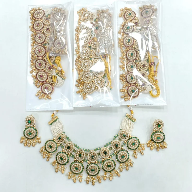 Bridal Wedding Necklace-JCM Gold Plated Pota Stone And Pearls Necklace Set