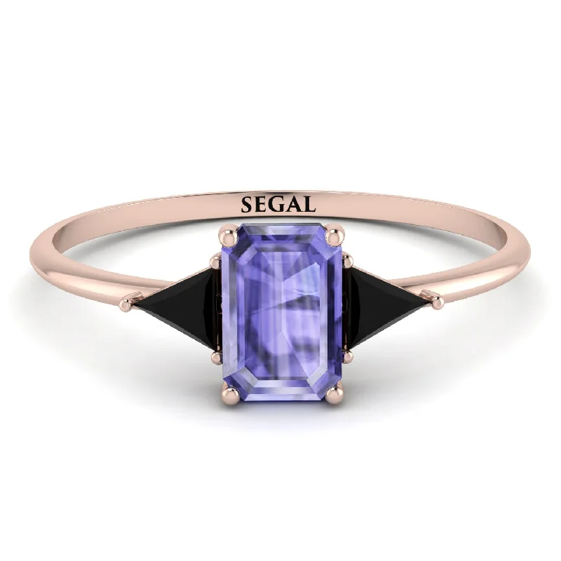 Modern Wedding Ring Set-Emerald Cut Tanzanite With Triangles Ring - Remi No. 208