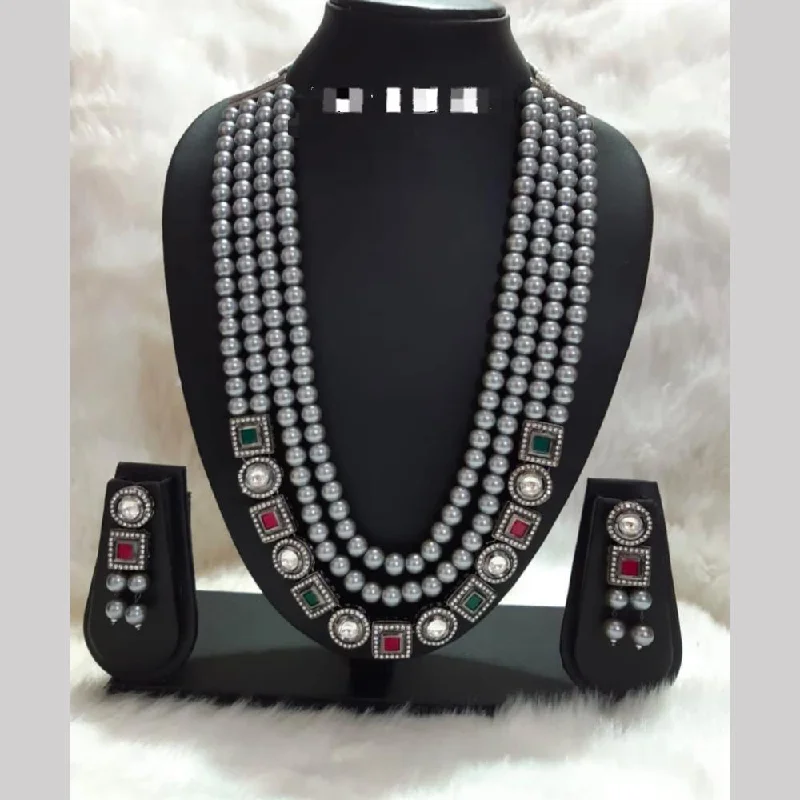 Bohemian Layered Necklace-FS Collection Oxidised Plated Pota Stone Multi Layer Long Necklace Set