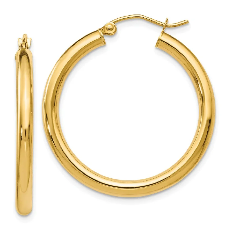 Classic Diamond Earrings-3mm Round Hoop Earrings in 14k Yellow Gold, 30mm (1 3/16 Inch)